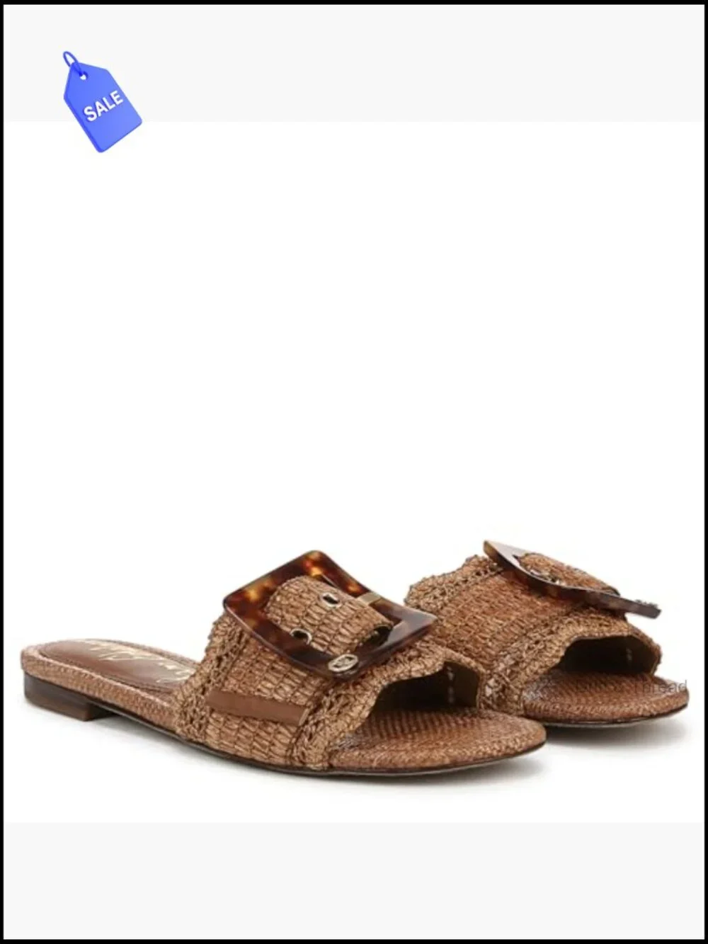 Raffia Slide Sandals with Resin Buckle, Slip-On, Flat Heel